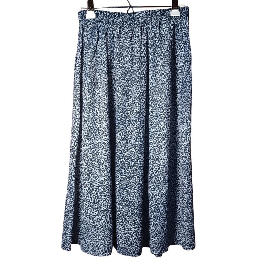 The Vermont Country Store Vintage Floral Midi Skirt Medium Navy Blue Cottagecore - Picture 2 of 8
